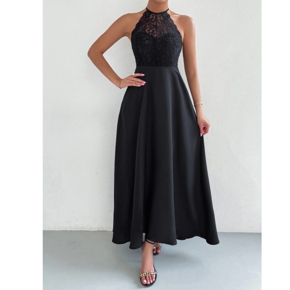Black Elegant Maxi Dress Lace Halter Neckline Tie Back Backless Flared Long - Picture 5 of 10